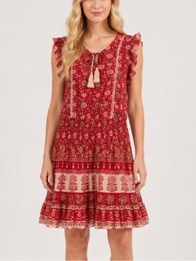 M.A.B.E Patti Sundress Red Floral Boho Ruffle Tassel Smocked Dress M 6101